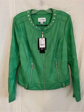 Joseph Ribkoff Emerald Green Leather Jacket with Silver Studs